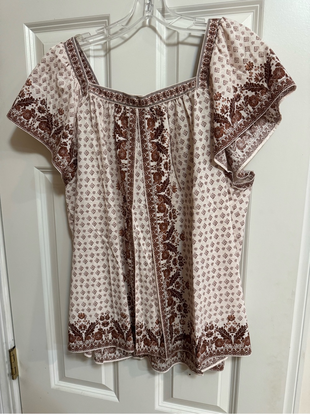 Max Studio Brown and Cream Floral Square-Neck Blouse